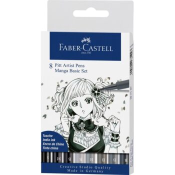 Faber Castell Pitt Artist Manga Set - Wallet of 8 - 6 x Mono Tones Brush Pens + 0.3mm, 0.7mm