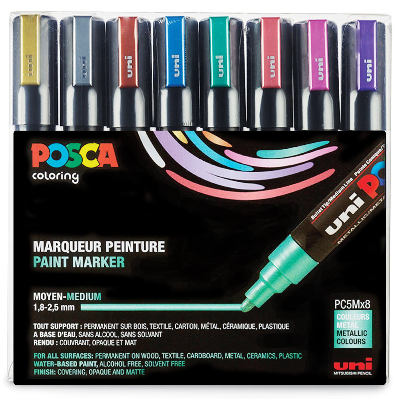 POSCA PC 5M (Medium tip 1.8 - 2.5mm) Paint Marker Set of 8 - Metallic Colours