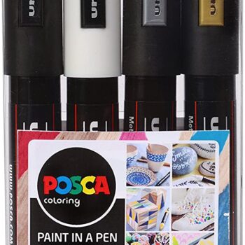 POSCA PC 5M (Medium tip 1.8 - 2.5mm) Paint Marker Set of 4 - Gold, Silver, Black & White