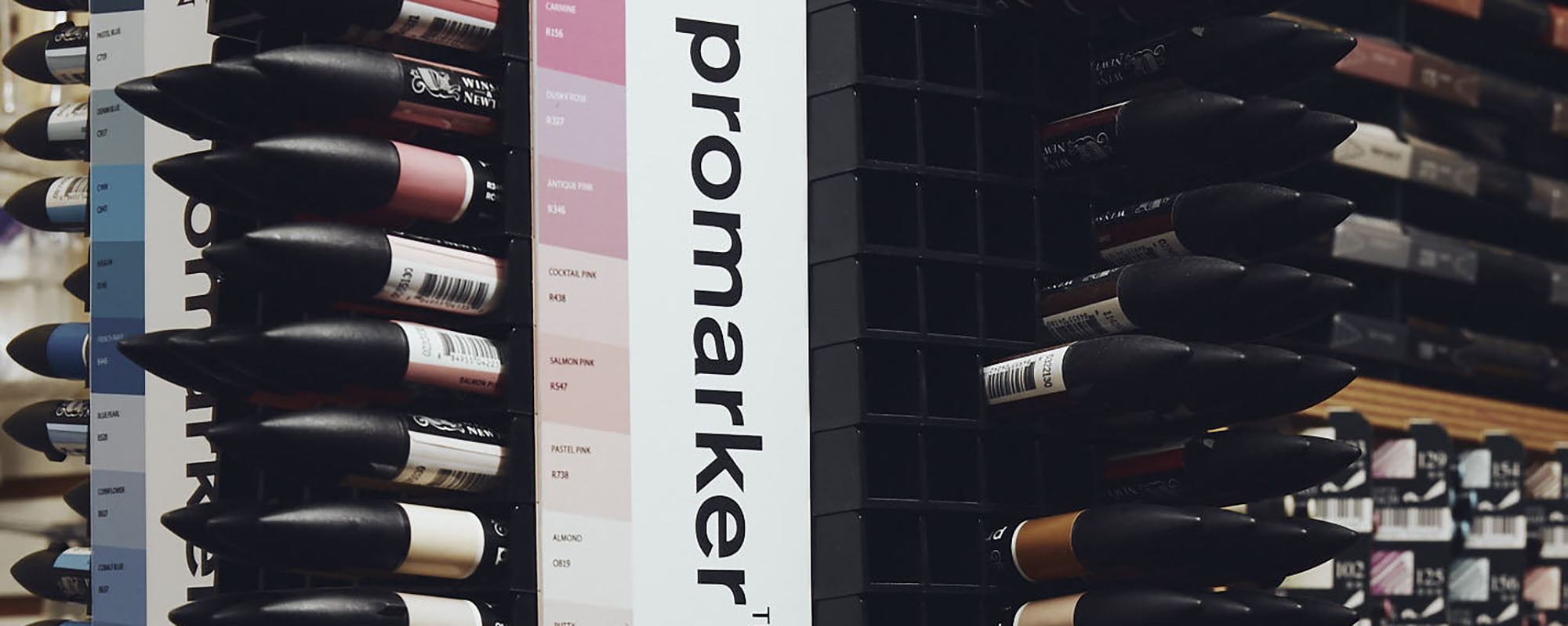 Close up of selection of colours in art shop